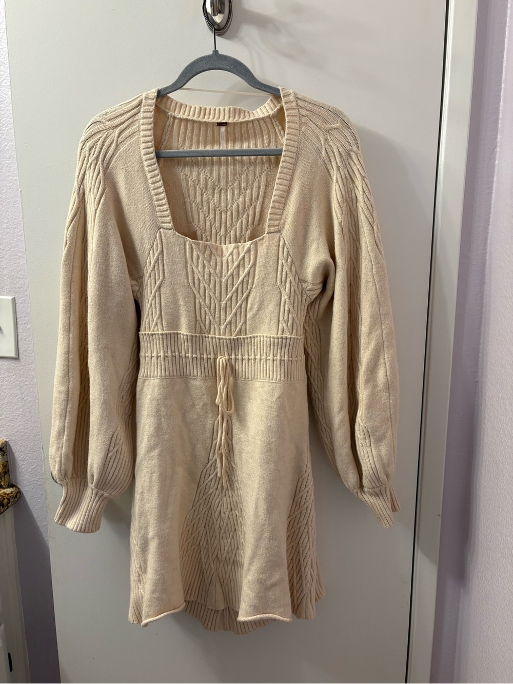 Free People Emmaline Mini Cream Knit Long-Sleeve Sweater Dress